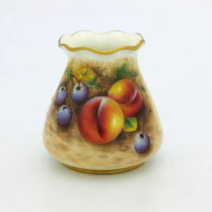 William Roberts for Royal Worcester, a f: William Roberts for Royal Worcester, a fruit painted vase, tapered wrythen form, decorated with peaches and cherries on moss covered ground, fruit detail verso, signed, shape No.G957 8cm high