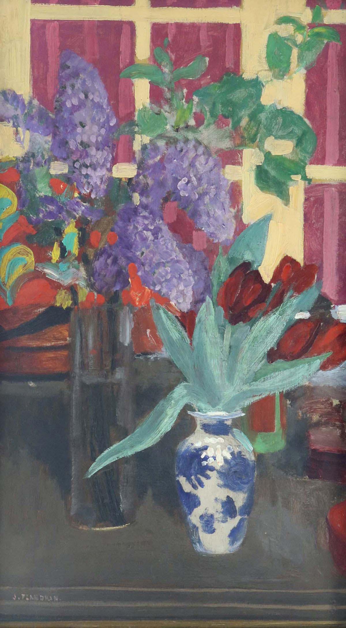 Jules Leon Flandrin (French, 1871-1947),: Jules Leon Flandrin (French, 1871-1947), Tulipes et Lilas, signed l.l., titled on Gallerie Druet label verso, oil on canvas, 72 by 41cm, gilt frame. Note: Artist Resale Rights apply
