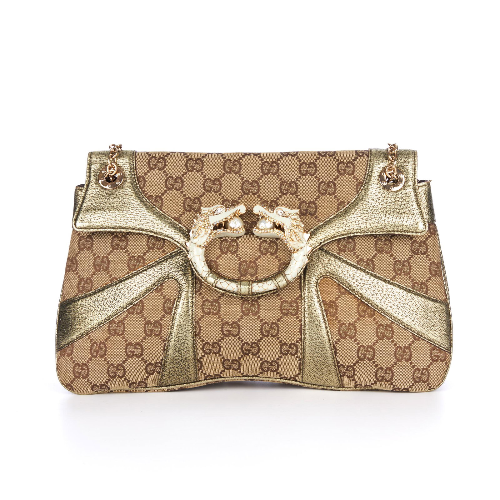 Gucci, a Tom Ford Jewelled Dragon handba: Gucci, a Tom Ford Jewelled Dragon handbag, designed with the maker's classic monogram canvas exterior with gold leather trim, featuring a jewel and pearl embellished double headed dragon to the centre