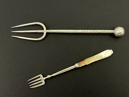 A Victorian silver toasting fork and a s: A Victorian silver toasting fork and a sardine fork, James Collins, Birmingham 1854 and Levesley Brothers, Sheffield 1900, the toasting fork of solid bar construction with spherical knop finial, chase