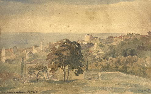 Follower of Peter de Wint, an Italian hi: Follower of Peter de Wint, an Italian hilltop town, signed l.r., watercolour, 16 by 24cm, framed