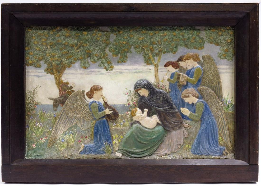 Circle of Robert Anning Bell, circa 1900: Circle of Robert Anning Bell, circa 1900, an Arts & Crafts relief painted plaster panel, depicting Madonna and child surrounded by winged angels in an orchard, 45 by 72cm original stained softwood fra