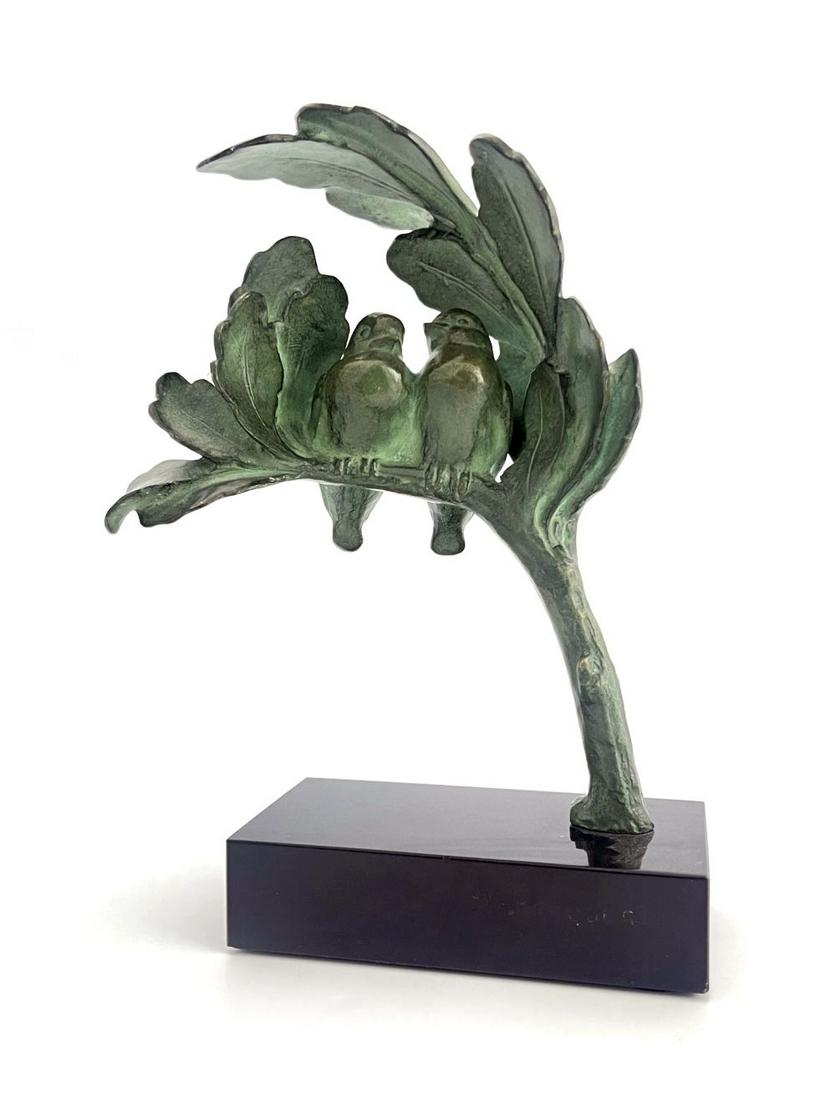 Andre Vincent Becquerel, an Art Deco bro: Andre Vincent Becquerel, an Art Deco bronze sculpture, circa 1930, modelled as two birds in a branch, with canopy, on a black marble base, incised mark to base AV Becquerel, stamped bronze, 25cm high