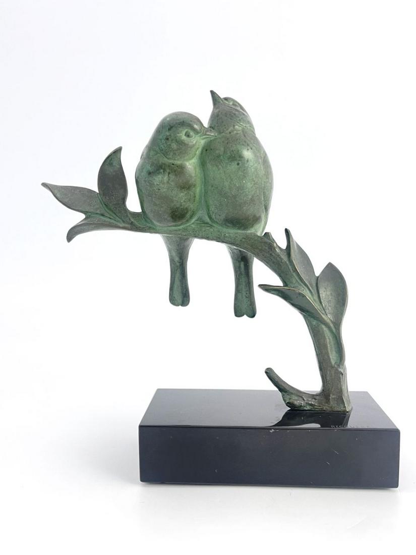 Andre Vincent Becquerel, an Art Deco bro: Andre Vincent Becquerel, an Art Deco bronze sculpture, circa 1930, modelled as two birds in a branch, grooming, on a black marble base, incised mark to base Becquerel, number in cast 56, 21.5cm high