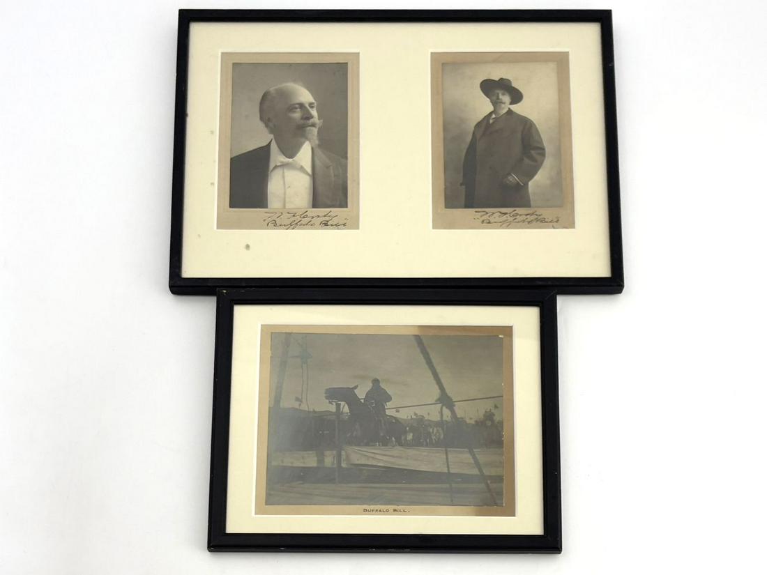 William Frederick Cody 'Buffalo Billl' (: William Frederick Cody 'Buffalo Billl' (American, 1846-1917), two sepia photographic portraits of Buffalo Bill, both signed W.F. Cody 'Buffalo Bill', 14 by 10cm each, framed as one, with a sepia photo
