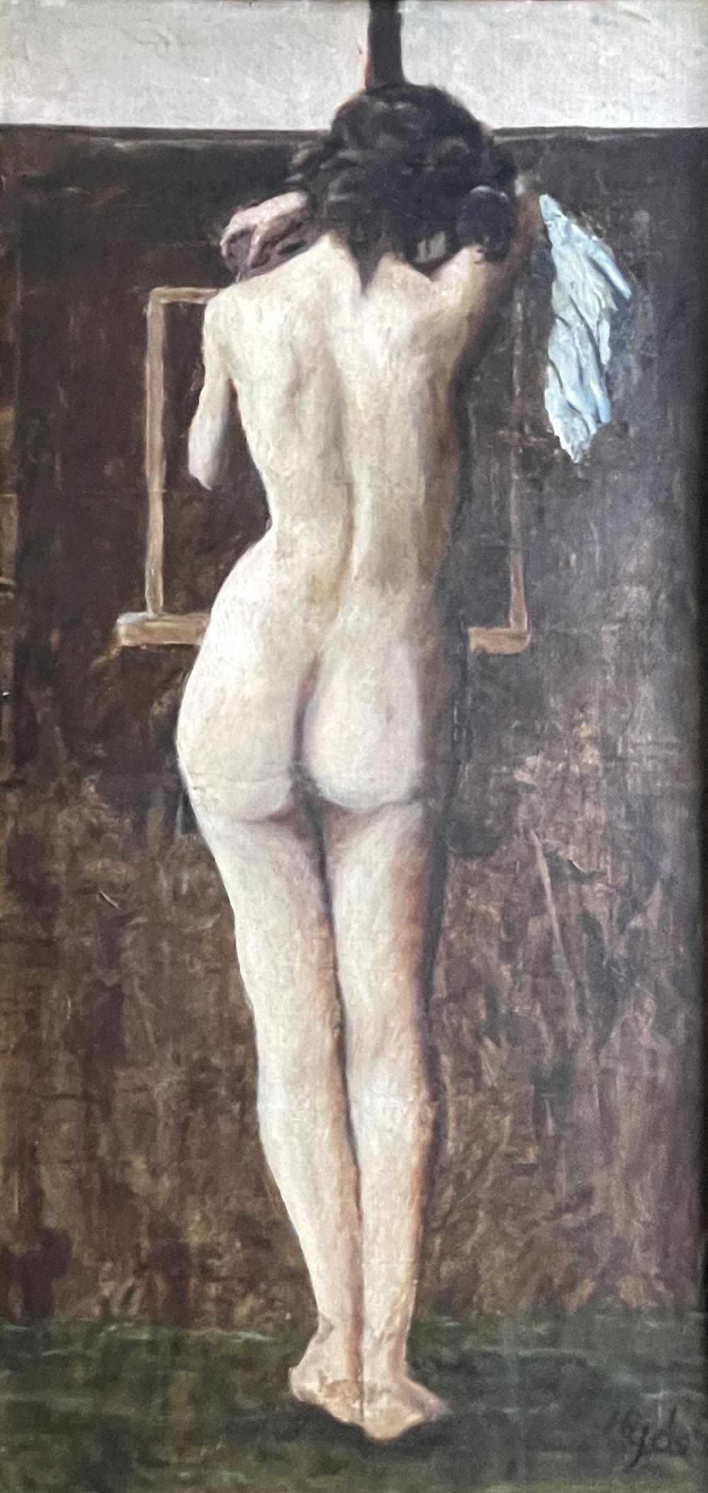 William Henry Hyde (American, 1858-1943): William Henry Hyde (American, 1858-1943), standing female nude, signed l.r., oil on board, 85 by 43cm, gilt frame
