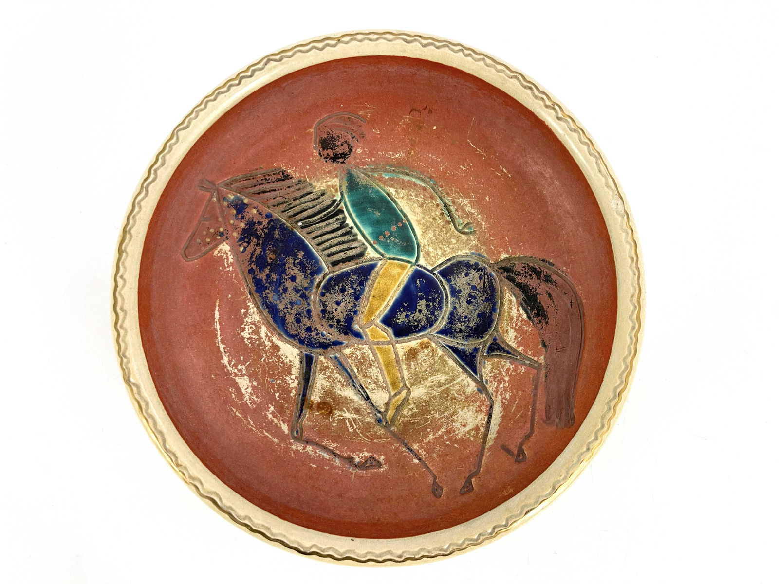 Accolay, France, an Art Pottery bowl, ci: Accolay, France, an Art Pottery bowl, circa 1960s, incised horse rider on terracotta ground, impressed marks, 30cm wide
