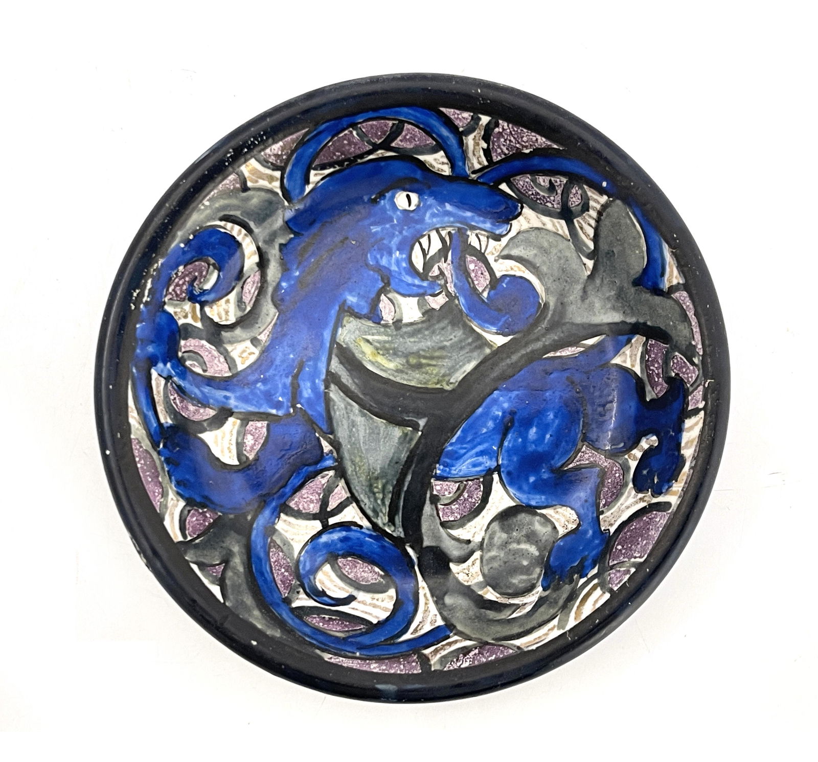 John Pearson, an Arts and Crafts lustre: John Pearson, an Arts and Crafts lustre bowl or dish, circa 1900, shallow form, painted with a zoomorphic beast within foliate scroll ground of pink and gold lustre, the base with an owl and monogram,