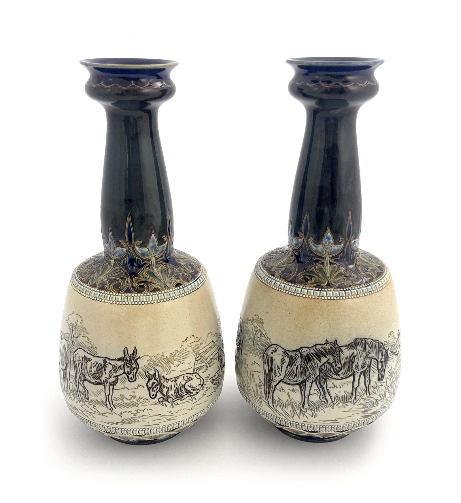 Hannah Barlow for Doulton Lambeth, a pai: Hannah Barlow for Doulton Lambeth, a pair of stoneware vases, mallet gourd form, sgraffito decorated with bands of donkey, horses and chickens, incised marks, 31.5cm high (2)