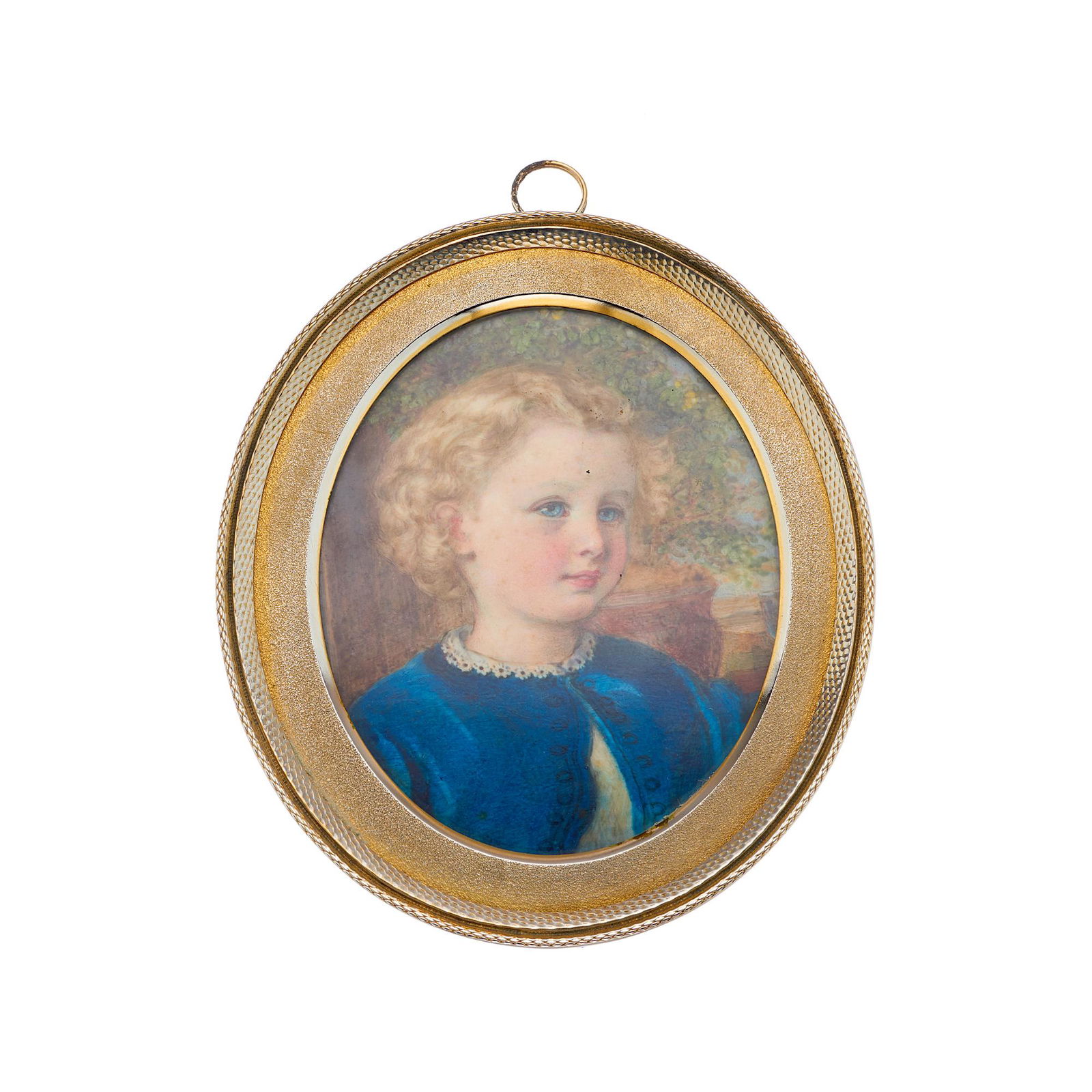 Annie Dixon (1817-1901), a portrait mini: Annie Dixon (1817-1901), a portrait miniature, watercolour on ivory, believed to depict Greville John Massey Bagot-Chester in a blue jacket, signed to reverse, within a gilt oval frame with fitted lea