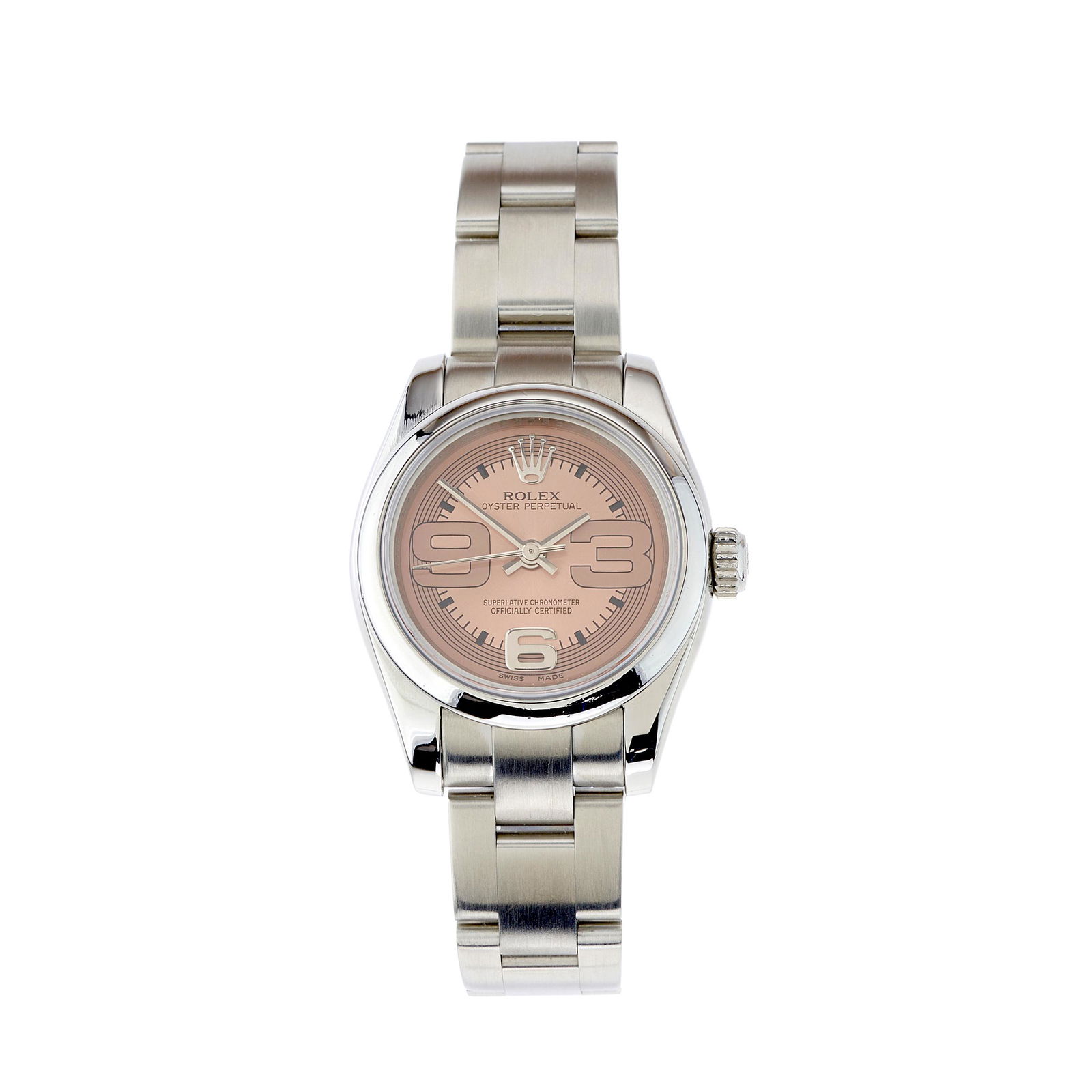 Rolex, a stainless steel Oyster Perpetua: Rolex, a stainless steel Oyster Perpetual bracelet watch, circa 2007, pink dial, reference 176200, signed automatic movement calibre 2231, serial M946245, fitted to a signed stainless steel Oyster bra