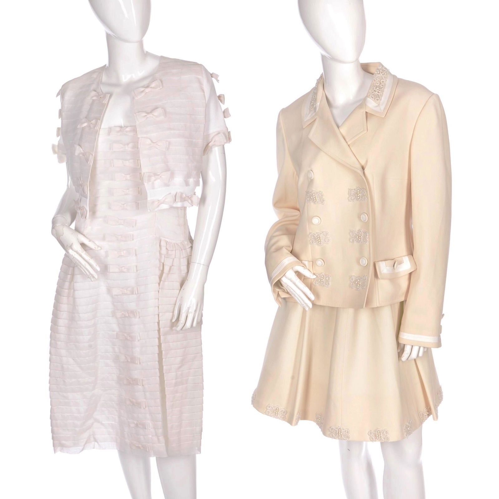 Anna Molinari, two ladies outfits, first: Anna Molinari, two ladies outfits, first comprising a cream wool jacket and matching skirt with faux pearl and bead embellishments, together with a silk tiered dress with bow details and matching jack