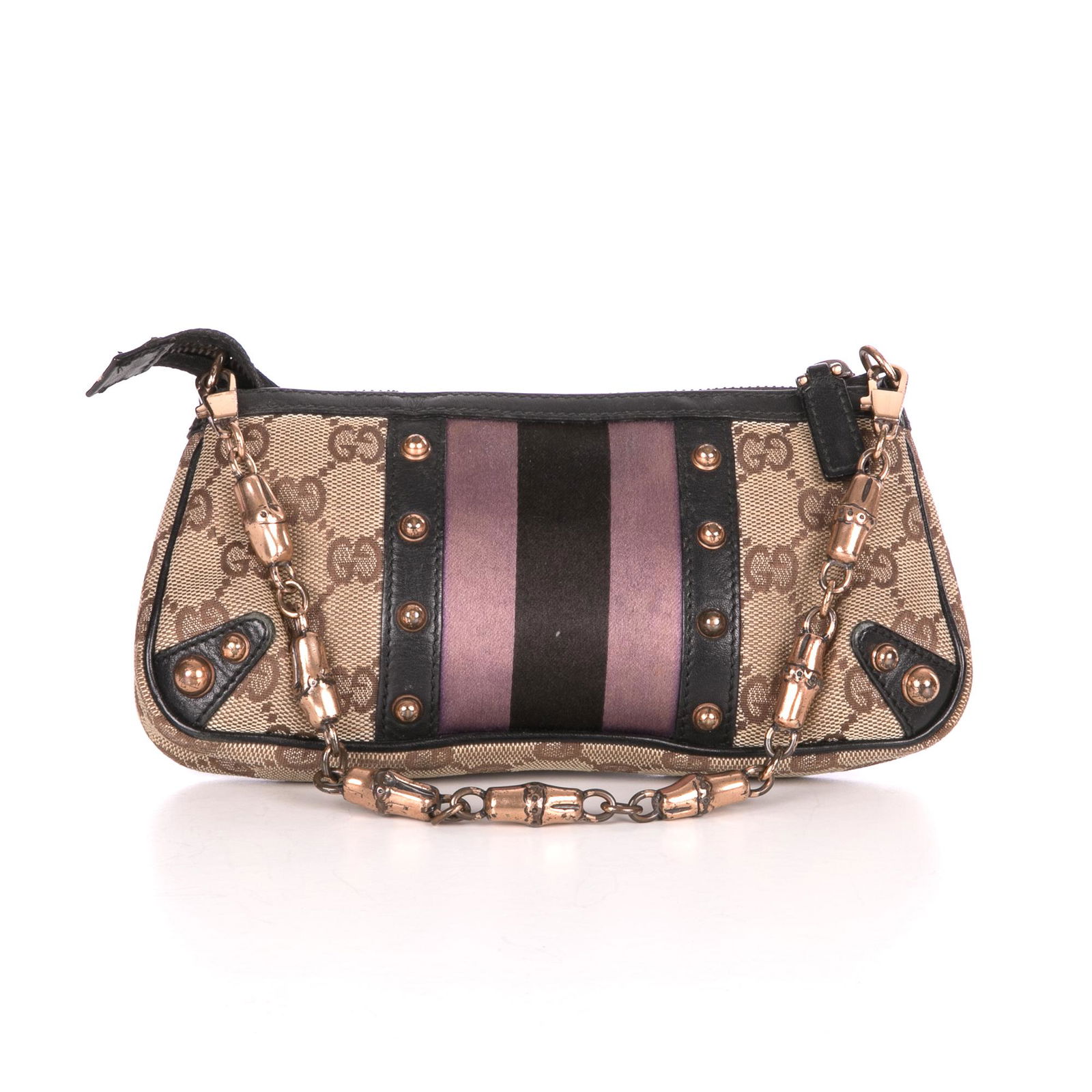 Gucci by Tom Ford, a Stud Bamboo Chain p: Gucci by Tom Ford, a Stud Bamboo Chain pouch, crafted from the maker's classic GG canvas, with black leather trim embellished with gold-tone studs, central black and lilac striped satin ribbon, detach