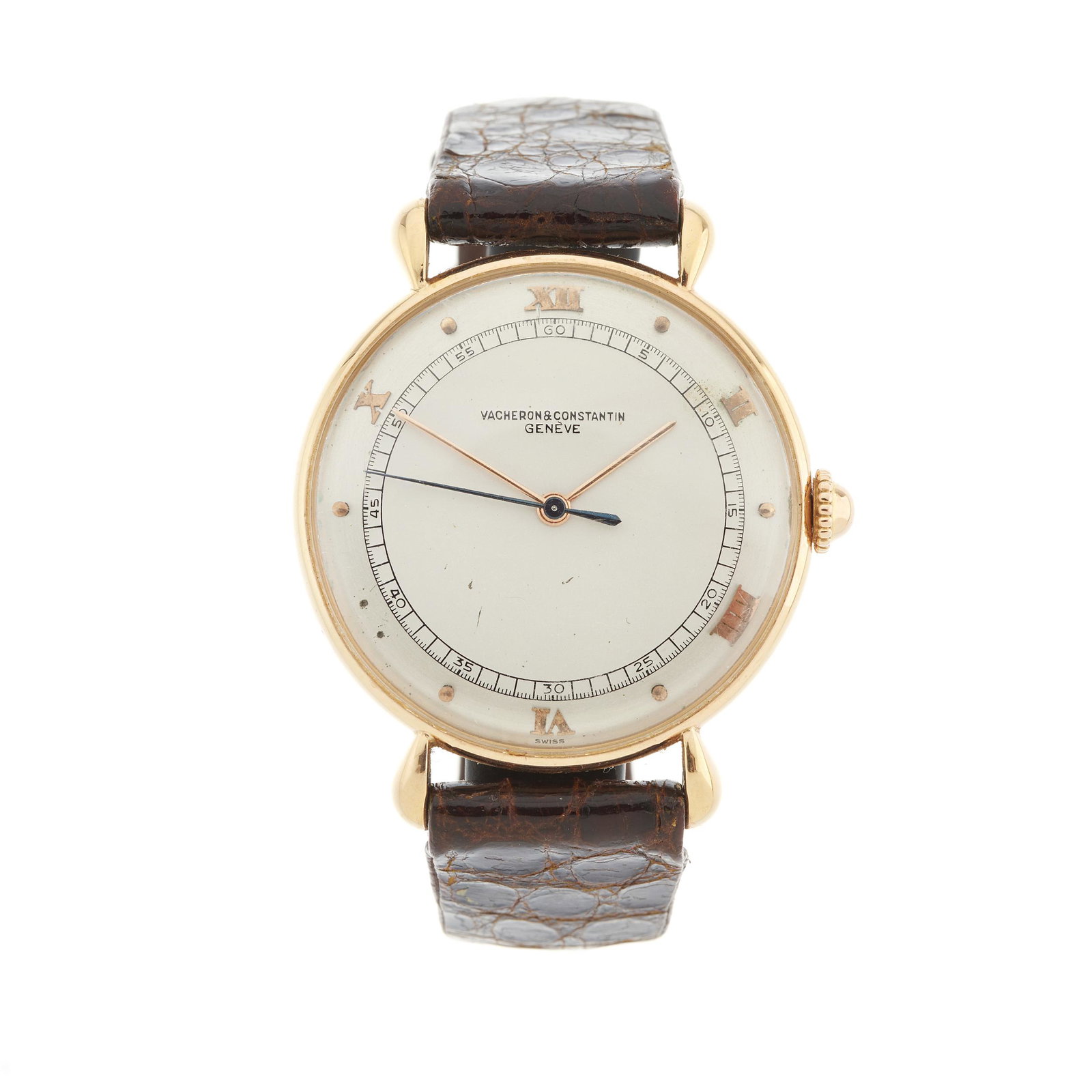 Vacheron Constantin, an 18ct gold wrist: Vacheron Constantin, an 18ct gold wrist watch, signed manual wind movement calibre V454, numbered 459496, case numbered 296927, Swiss convention marks, fitted to an unsigned brown leather strap with 1