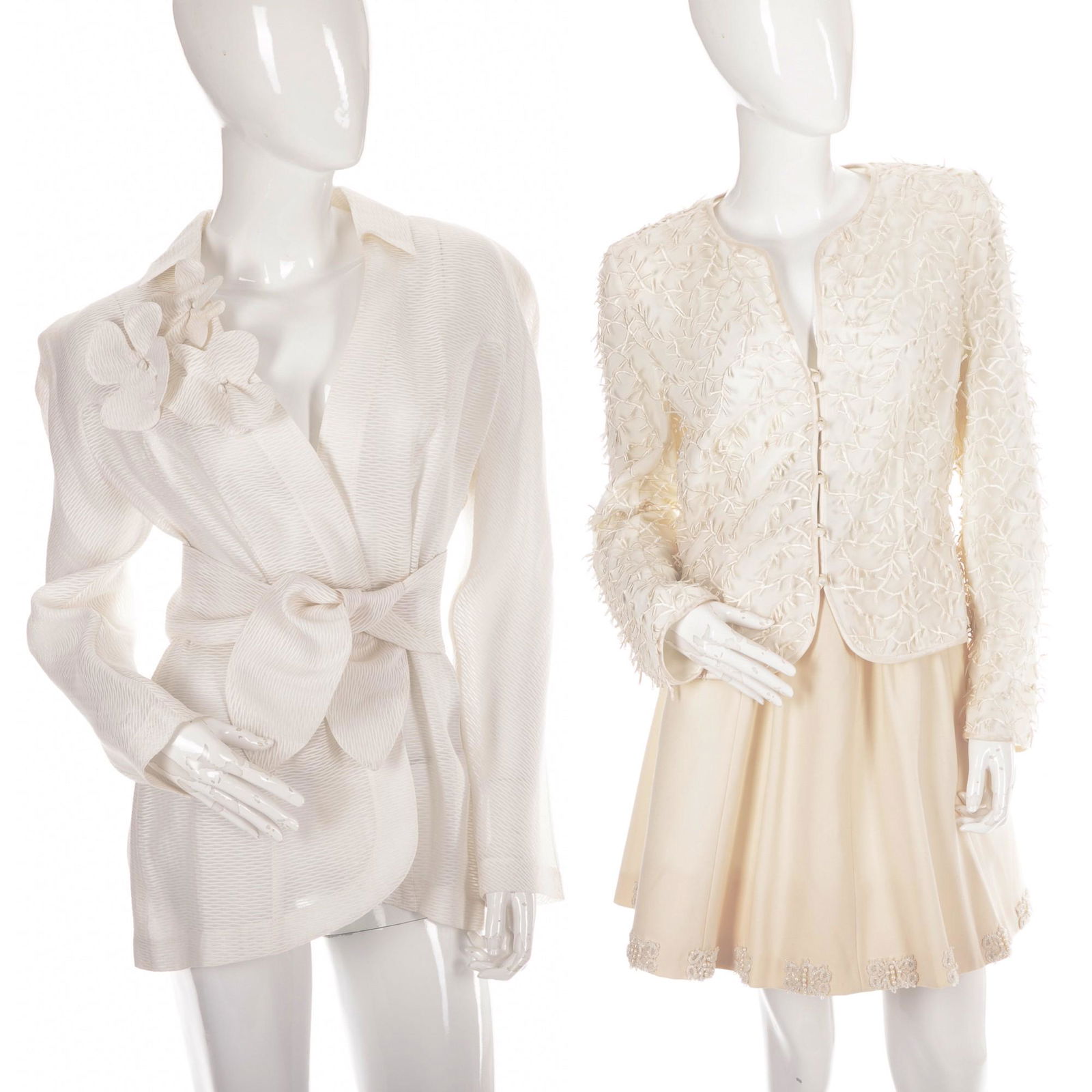 Three items of ladies designer clothing,: Three items of ladies designer clothing, to include a blouse by Thierry Mugler, a Valentino Miss V jacket, together with a skirt by Anna Molinari with beaded butterfly detailed trim, all with maker’