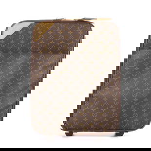 Louis Vuitton, a monogram Pegase 45 roll: Louis Vuitton, a monogram Pegase 45 rolling suitcase, designed with maker's signature monogram coated canvas exterior, with natural vachetta tan leather trim, featuring a large slip pocket, retractabl