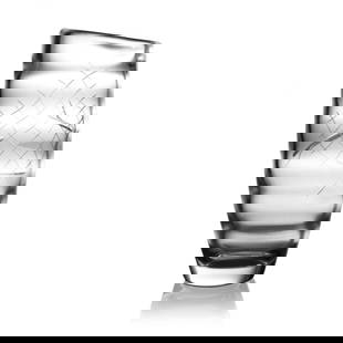 Bengt Orup for Johansfors, a Modernist g: Bengt Orup for Johansfors, a Modernist glass fish vase, circa 1950s, optic ribbed barrel form, cut with stylised fish swimming towards a net, 17cm high