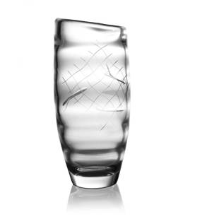 Bengt Orup for Johansfors, a Modernist g: Bengt Orup for Johansfors, a Modernist glass fish vase, circa 1950s, optic ribbed barrel form, cut with stylised fish swimming towards a net, 17cm high