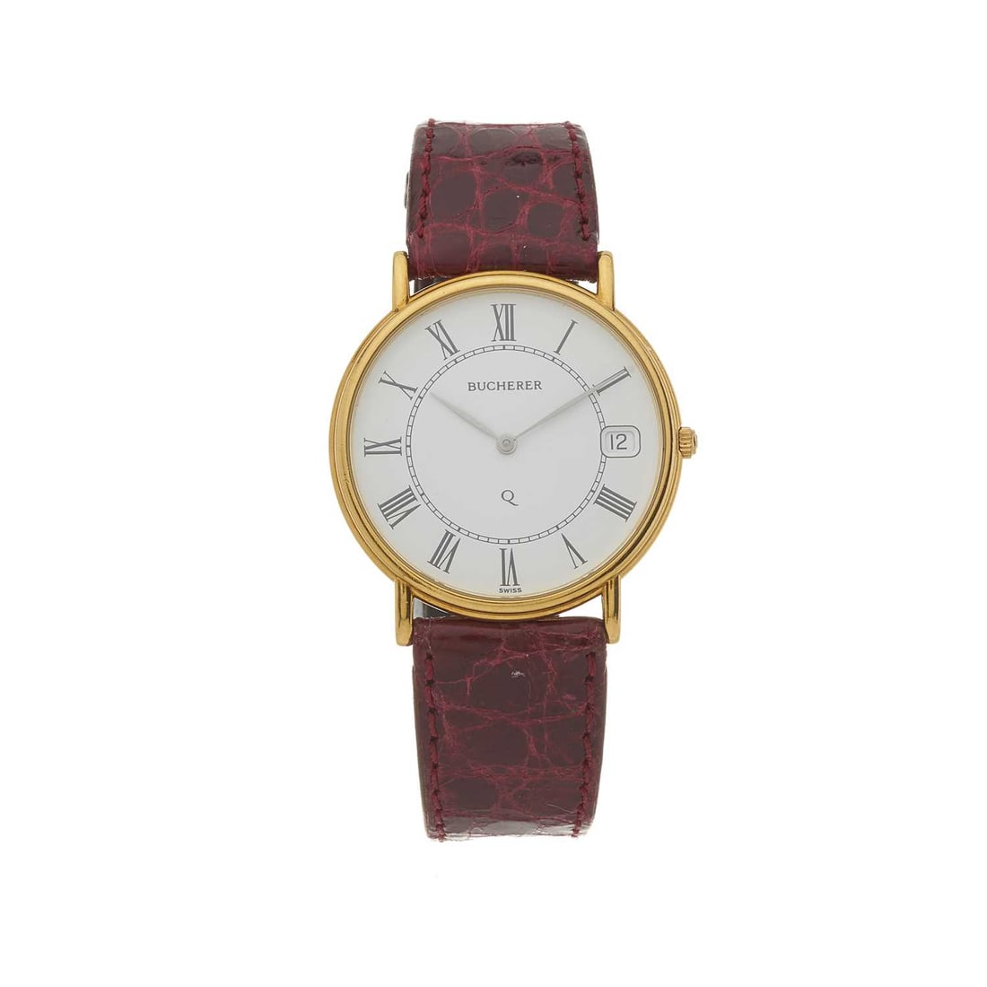 Bucherer, an 18ct gold wrist watch, refe: Bucherer, an 18ct gold wrist watch, reference 255.110, signed quartz movement with quick date set, serial 14111 9209, Swiss convention marks, fitted to an unsigned red leather strap with gold plated p