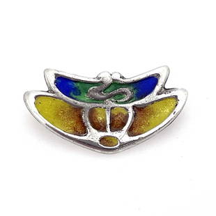 Archibald Knox for Liberty and Co., an A: Archibald Knox for Liberty and Co., an Arts and Crafts silver and enamelled brooch, William Hair Haseler, Birmingham 1908, double winged tendril design in yellow and blue green enamel, 3.5cm long,