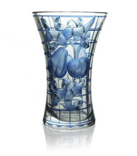 Hilda Jesser and Otto Prtuscher (attribu: Hilda Jesser and Otto Prtuscher (attributed) for Wiener Werkstatte, a Secessionist enamelled and cut glass vase, probably J Oertel circa 1915, flared waisted form, cut with stylised fruit and geometri