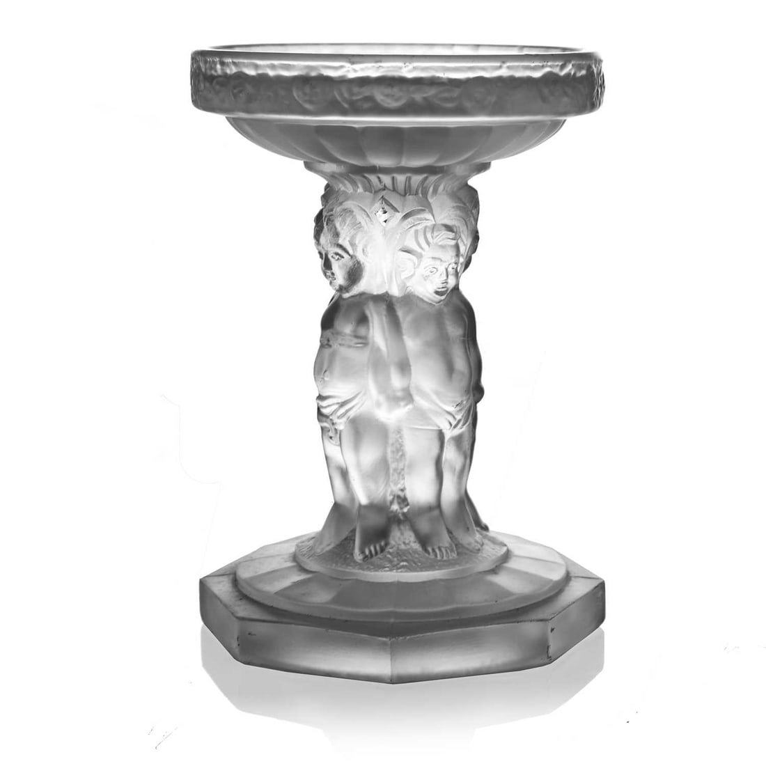 Muller and Co., an Art Deco frosted glas: Muller and Co., an Art Deco frosted glass Cherub centrepiece stand, circa 1930, modelled as four putti supporting a floral banded dish, in the style of Carl Klimt, moulded registration mark, 17cm high