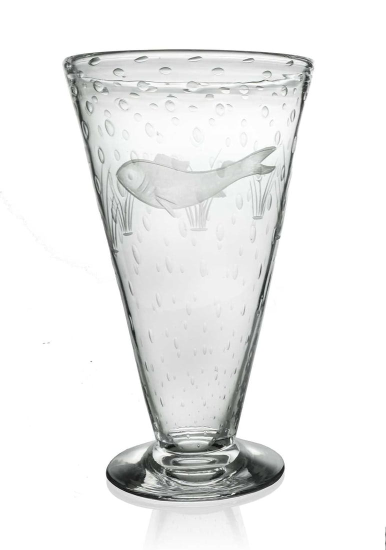David Hammond for Thomas Webb, a Moderni: David Hammond for Thomas Webb, a Modernist glass fish vase, circa 1952, footed conical form with controlled air bubble inclusions, etched and engraved with fish and aquatic vegetation, acid marks, 25.