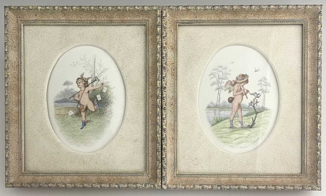 Antonin Boullemier for Minton, a pair of: Antonin Boullemier for Minton, a pair of oval painted plaques, circa 1895, painted with cherubs representing infant Greek Gods Hermes and Pan, in lakeside landscape, signed, 19cm x 14cm, framed