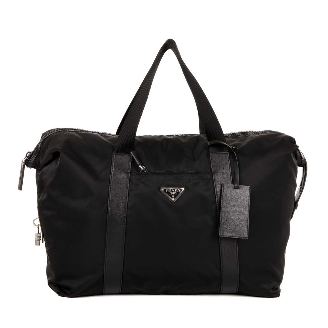Prada, a black nylon holdall travel bag,: Prada, a black nylon holdall travel bag, featuring black saffiano leather trim, a front zip pocket, dual top handles, detachable leather ID tag, lockable top zip fastening with combination padlock, an