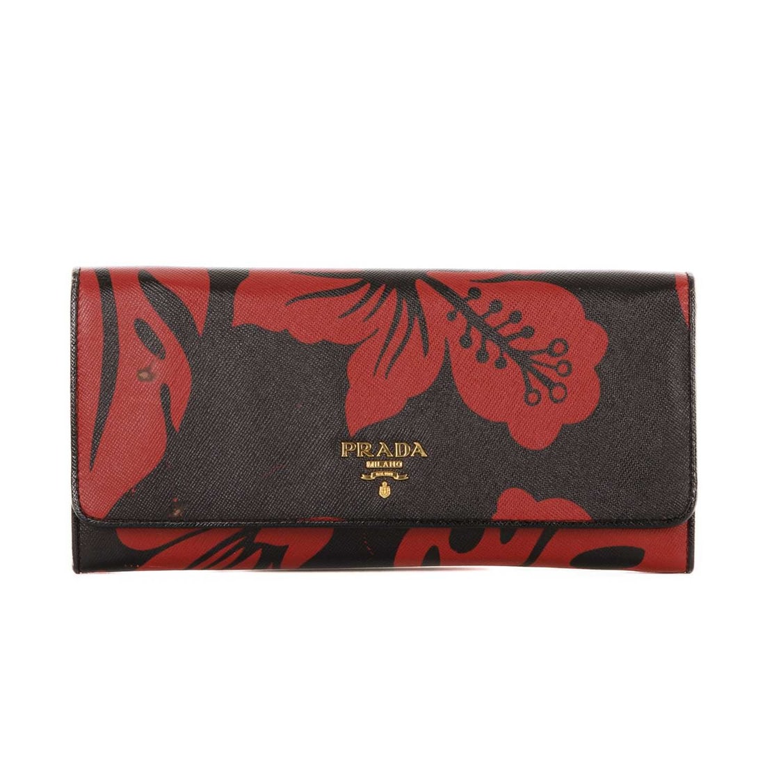Prada, a Wallet On Chain handbag, featur: Prada, a Wallet On Chain handbag, featuring a red and black patterned saffiano leather exterior, with gold-tone hardware, detachable chain and leather shoulder strap, snap button fastenings, and a bla