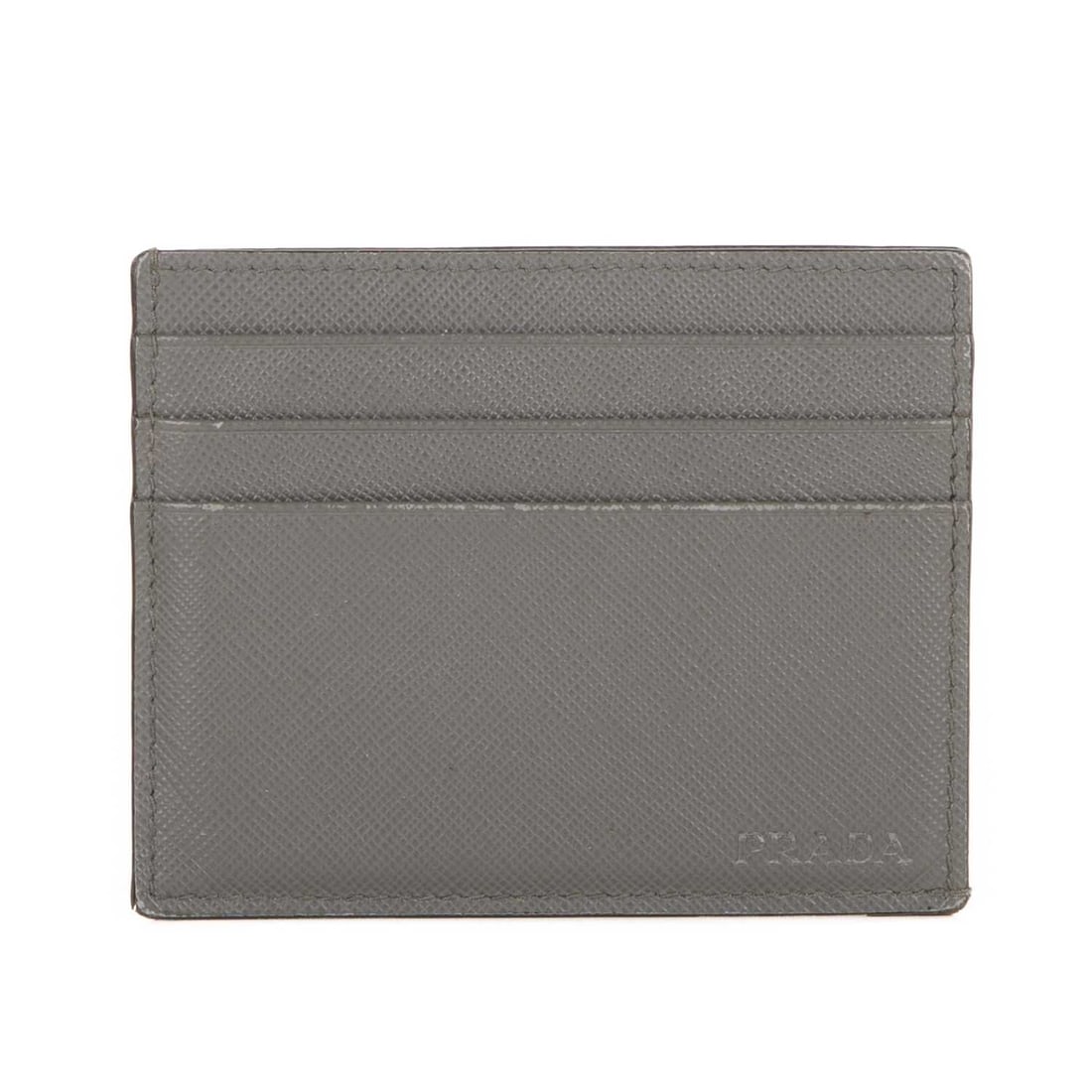 Prada, a Saffiano leather card holder, c: Prada, a Saffiano leather card holder, crafted from grey cross-grain leather, featuring six card slots and a central expandable slip pocket, measuring 8 by 10cm