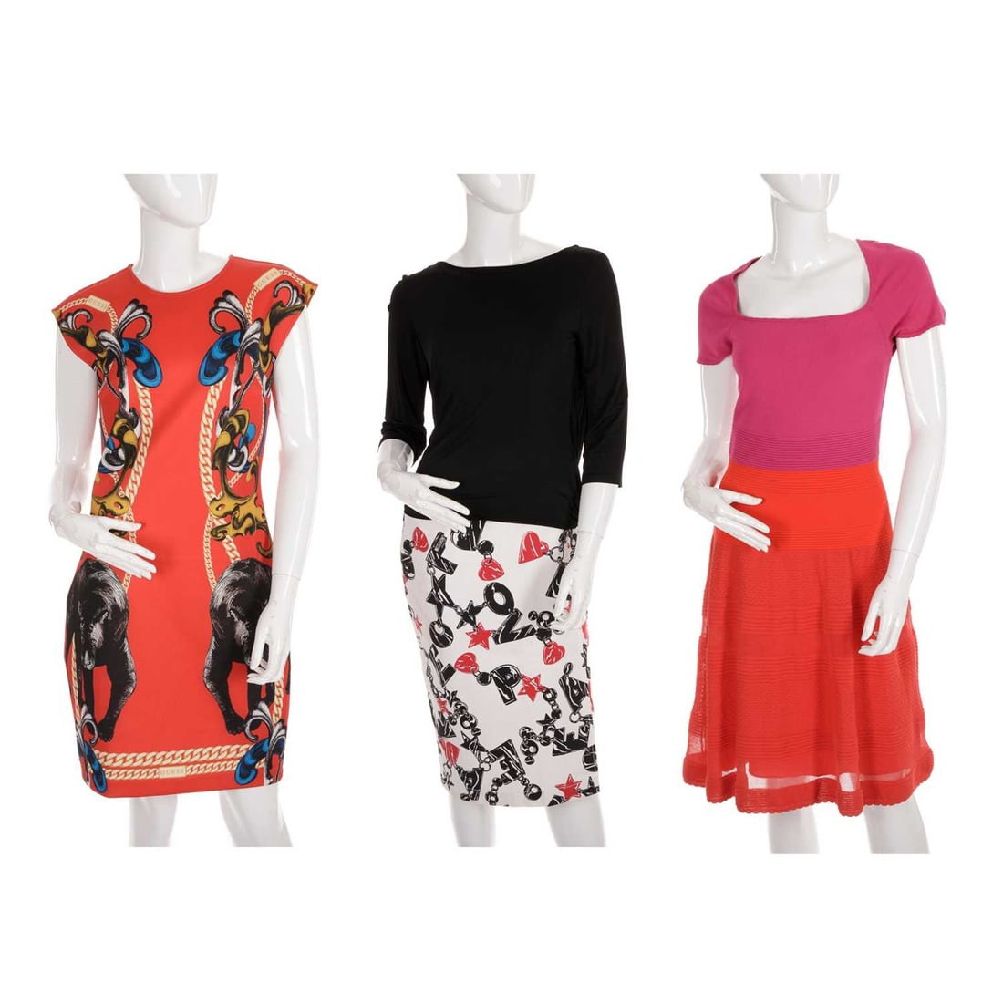 A selection of ladies designer clothing,: A selection of ladies designer clothing, to include a two-tone dress by Missoni, a red patterned dress by Guess, two dark long sleeve tops by Nicole Farhi and Max Mara, a white denim skirt with a blac