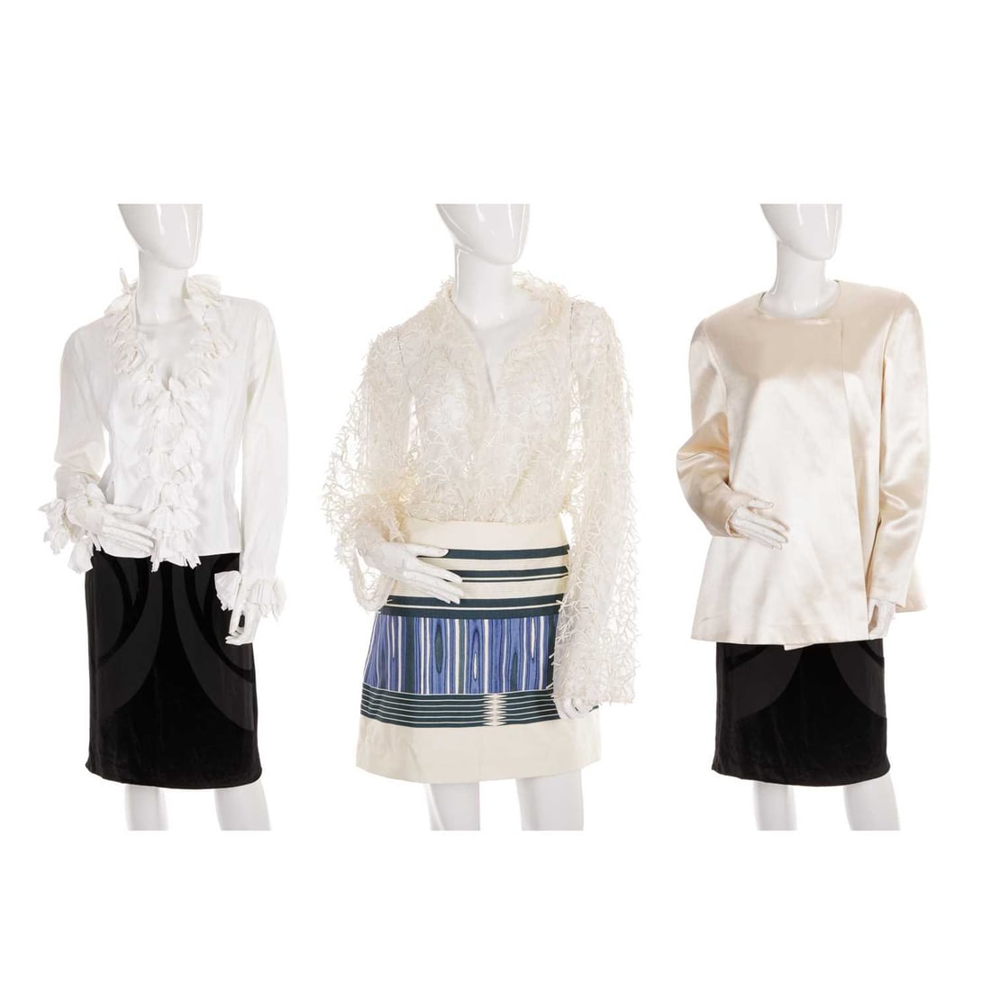 A selection of ladies designer clothing,: A selection of ladies designer clothing, to include a blue and cream skirt by Tory Birch, a cream silk/wool jacket by Anna Molinari, a black skirt by Alberta Ferretti, a sheer cream jacket with embroi