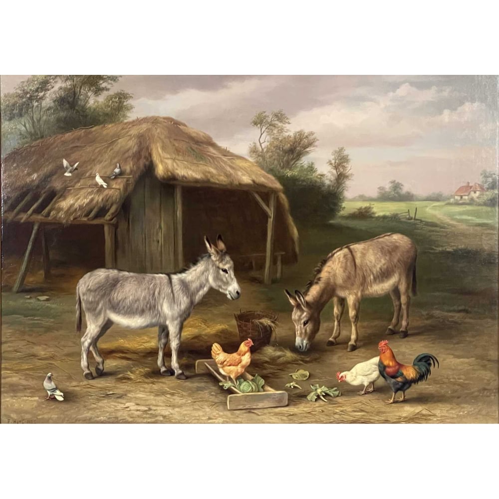 Edgar Hunt (British, 1876-1953), Farmyar: Edgar Hunt (British, 1876-1953), Farmyard Friends - Donkeys and Hens in a Farmyard, signed and dated 1922 l.l., oil on canvas, 55 by 75cm, gilt frame, with a picture light. Note: Artist Resale Rights