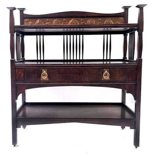 Attributed to Shapland & Petter, Barnsta: Attributed to Shapland & Petter, Barnstaple, and Arts and Crafts oak buffet, circa 1905, raised serpentine back with inset repousse copper panel with stylised foliate devices, extended uprights, spind