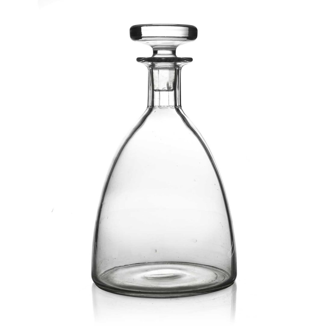 Keith Murray for Stevens and Williams, a: Keith Murray for Stevens and Williams, an Art Deco Royal Brierley glass decanter, model 384A, designed circa 1934, domed conical form with straight slice cut neck and flat disc stopper, 23cm high