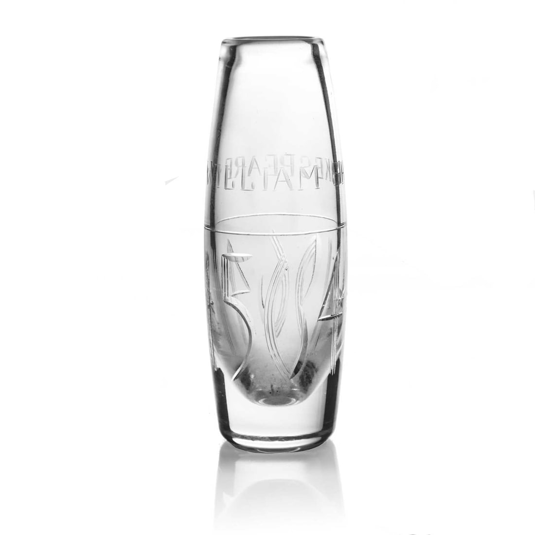 David Hammond for Thomas Webb, a commemo: David Hammond for Thomas Webb, a commemorative Shakespeare glass vase, 1964, slender barrel form, engraved with the name William Shakespeare, above mitre and line cut dates 1564 1964, etched marks des