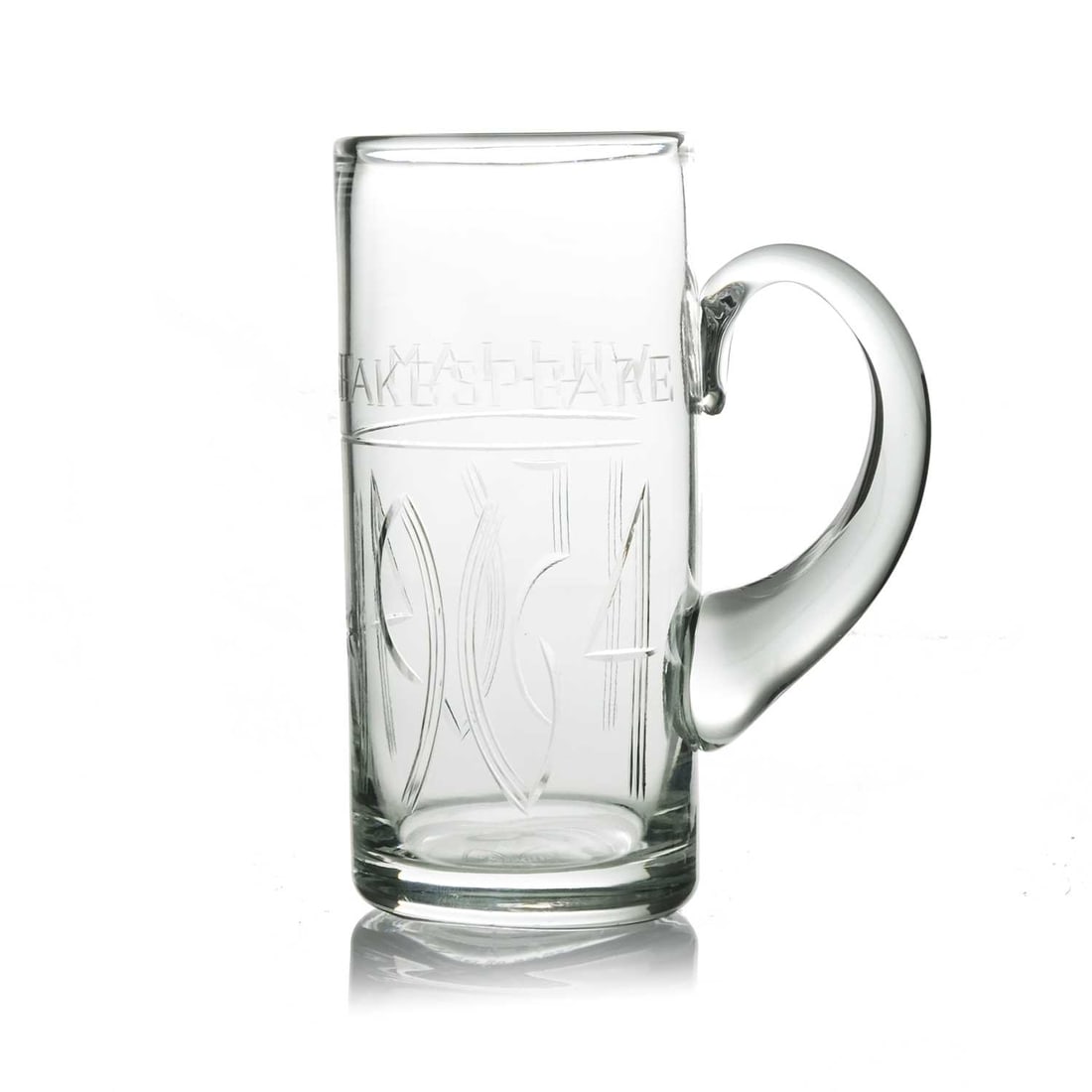 David Hammond for Thomas Webb, a commemo: David Hammond for Thomas Webb, a commemorative Shakespeare glass tankard or mug, 1964, cylindrical form, engraved with the name William Shakespeare, above mitre and line cut dates 1564 1964, etched ma