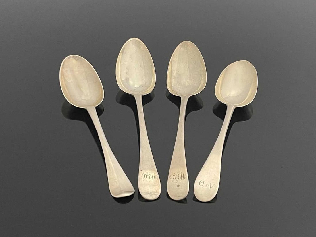 Newcastle. Four eighteenth-century Engl: Newcastle. Four eighteenth-century English provincial silver tablespoons, to include a George II ribbed Hanoverian pattern example, hallmarked 1743, sponsor's mark possibly John Thompson, length 20cm,