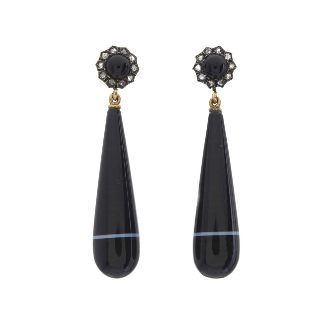 A pair of late Victorian onyx and diamond drop earrings: A pair of late Victorian onyx drop earrings, with onyx cabochon and rose-cut diamond cluster surmount, length 4.5cm, 8.7g