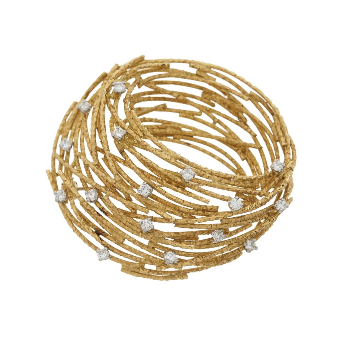 Andrew Grima, a 1960s 18ct gold diamond brooch: Andrew Grima, a 1960s 18ct gold diamond brooch, designed as a stylised bird nest, with brilliant-cut diamond highlights, signed Grima, estimated total diamond weight 0.60ct, H-I colour, VS2-SI clarity