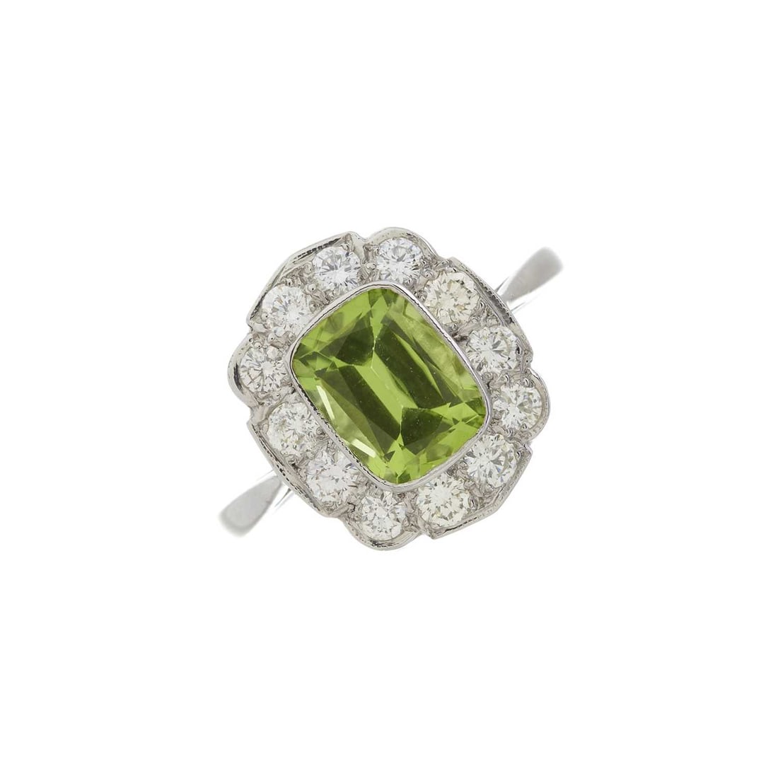 A platinum peridot and diamond cluster ring (1 of 3)