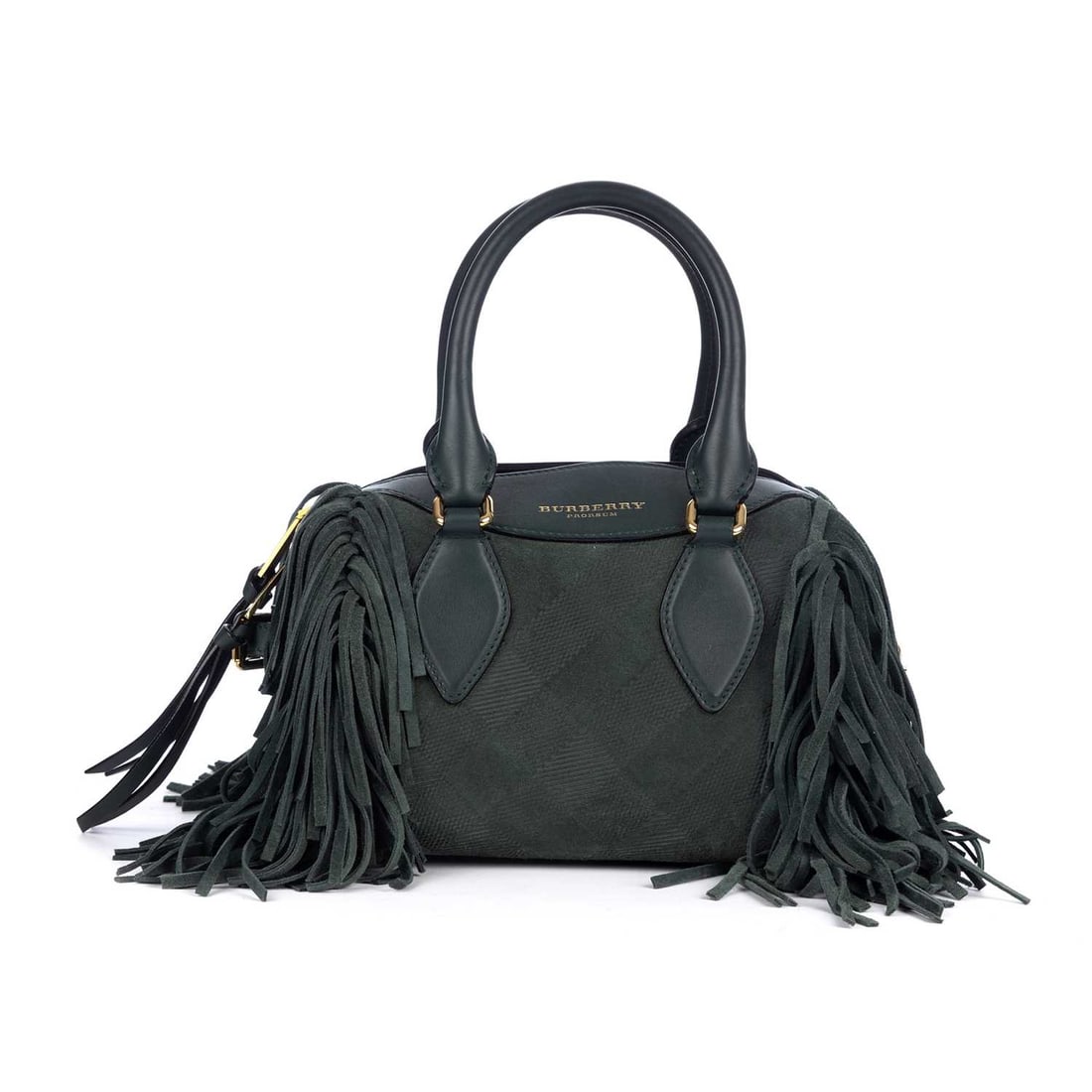 Burberry Prorsum, a Fringe Mini Bee handbag, designed with a green suede exterior accented with (1 of 3)