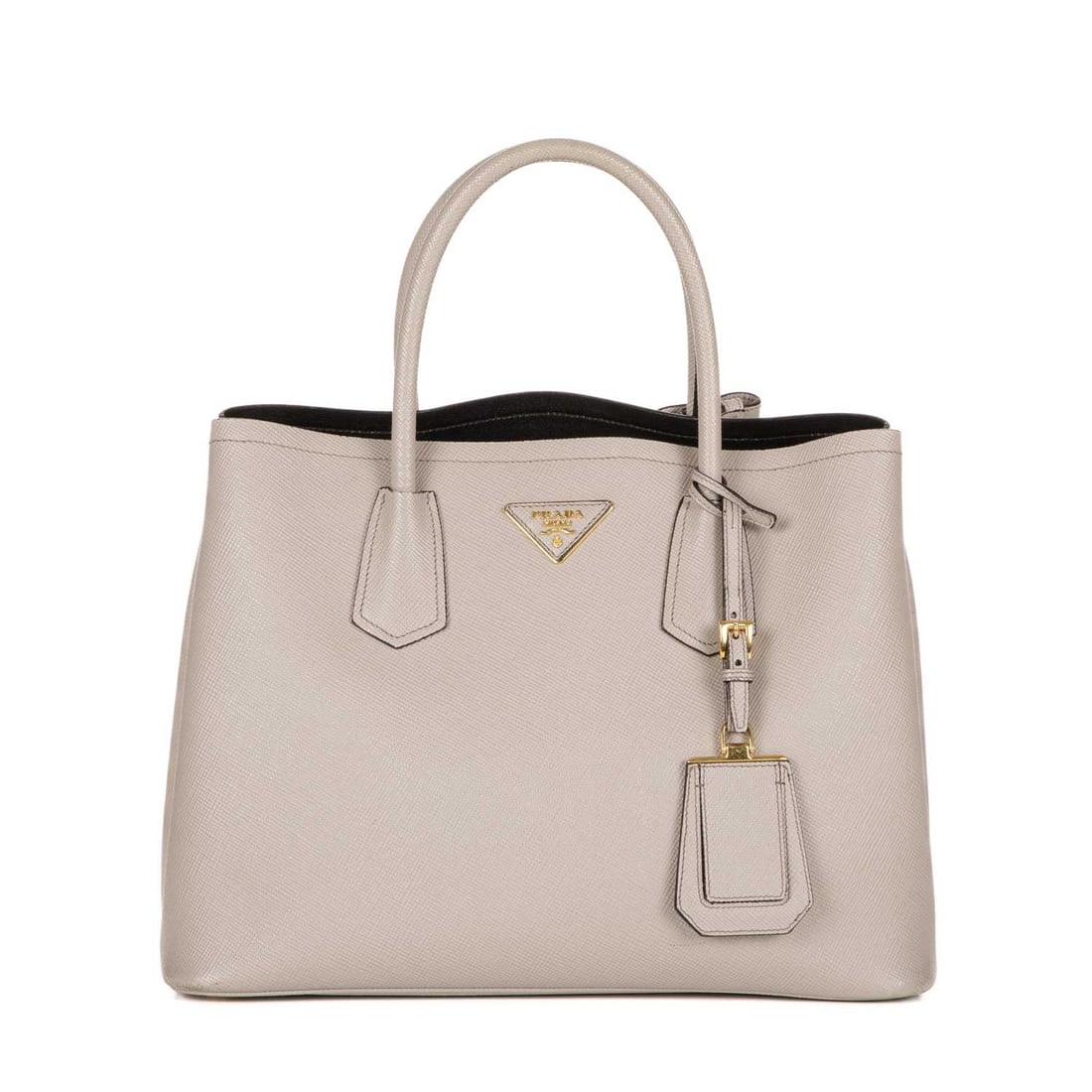 Prada, a Double Tote, featuring a grey saffiano leather exterior with contrasting smooth black (1 of 4)