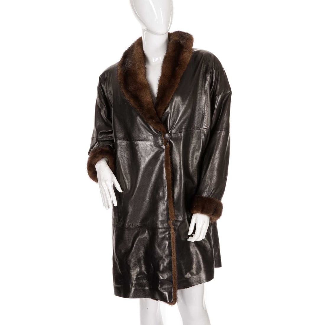 A fur-trimmed black leather coat, featuring ranch mink trim to include a lapel collar and cuffs, (1 of 3)