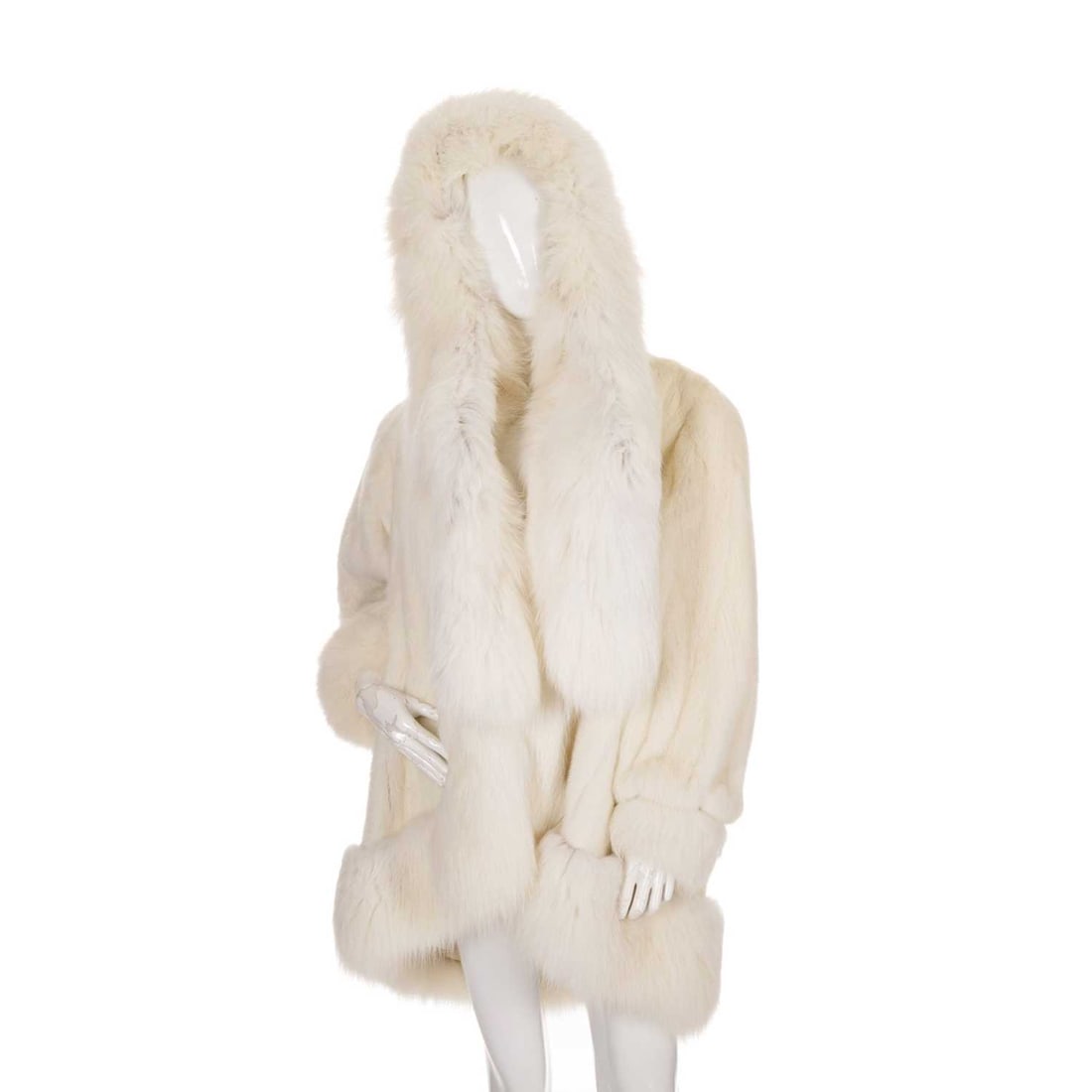A white mink and fox fur hooded coat, featuring arctic fox fur trim and neck scarf, hook and eye (1 of 4)
