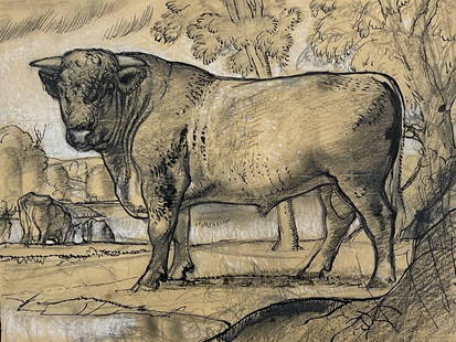 Charles Frederick Tunnicliffe R.A. (British, 1901-1979), The Shorthorn Bull, 1940, titled verso, ink: Charles Frederick Tunnicliffe R.A. (British, 1901-1979), The Shorthorn Bull, 1940, titled verso, ink heightened with white, 23 by 31cm, framed. Provenance: from the collection of A.P. Nyle. Note: Arti