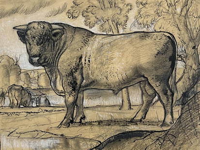 Charles Frederick Tunnicliffe R.A. (British, 1901-1979), The Shorthorn Bull, 1940, titled verso, ink: Charles Frederick Tunnicliffe R.A. (British, 1901-1979), The Shorthorn Bull, 1940, titled verso, ink heightened with white, 23 by 31cm, framed. Provenance: from the collection of A.P. Nyle. Note: Arti