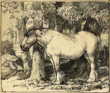 Charles Frederick Tunnicliffe R.A. (British, 1901-1979), The White Horse, 1927, titled verso, ink: Charles Frederick Tunnicliffe R.A. (British, 1901-1979), The White Horse, 1927, titled verso, ink and wash, 20 by 25cm, framed. Provenance: from the collection of A.P. Nyle. Note: Artist Resale