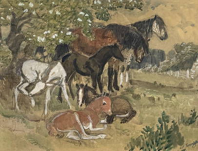 Charles Frederick Tunnicliffe R.A. (British, 1901-1979), horses and foals in pastureland, signed: Charles Frederick Tunnicliffe R.A. (British, 1901-1979), horses and foals in pastureland, signed l.r., watercolour heightened with white, 44 by 57cm, framed. Note: Artist Resale Rights apply